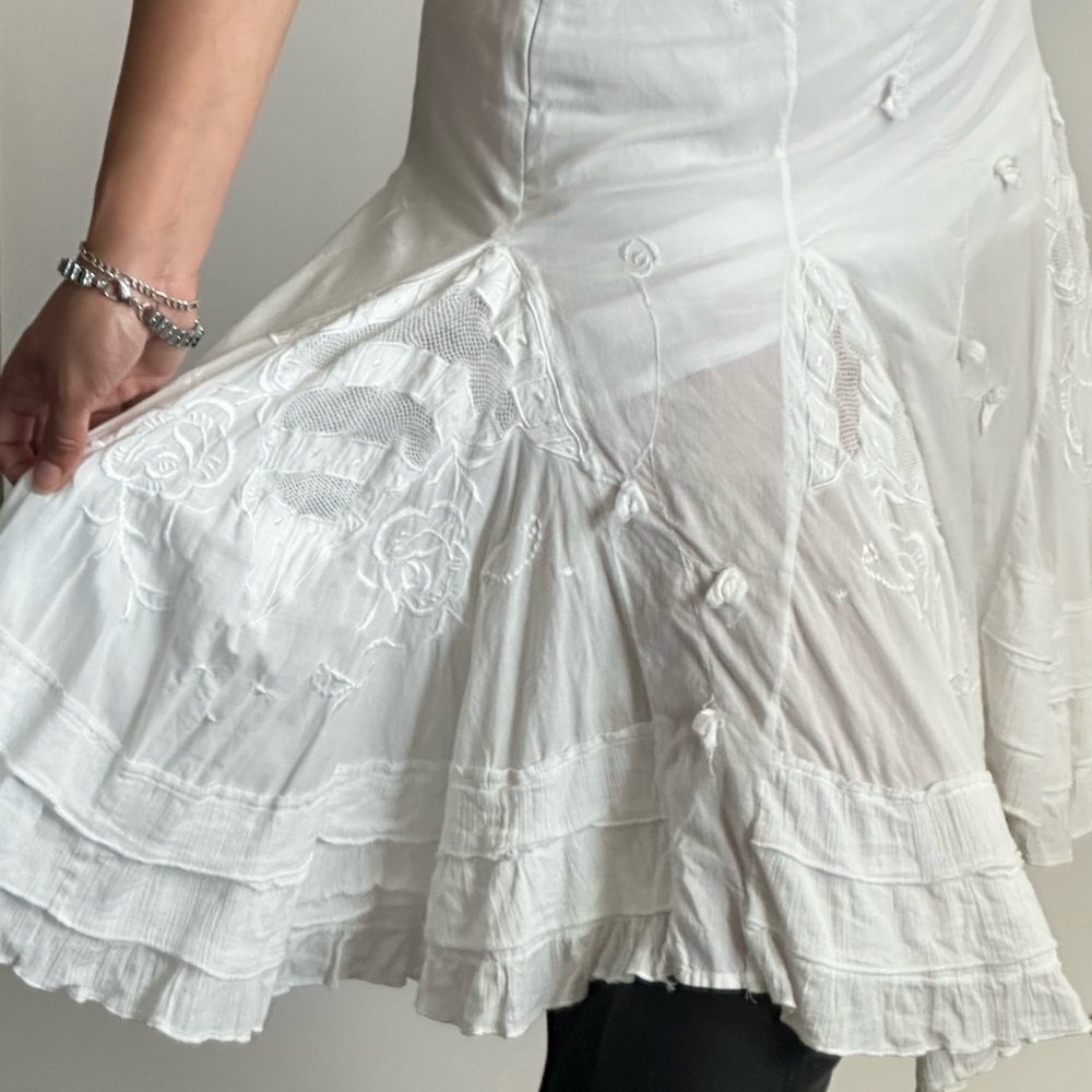 VINTAGE 90S DREAMY WHITE COTTON KNEE LENGTH SKIRT A-Line Tiered~38, US Medium - Picture 4 of 11